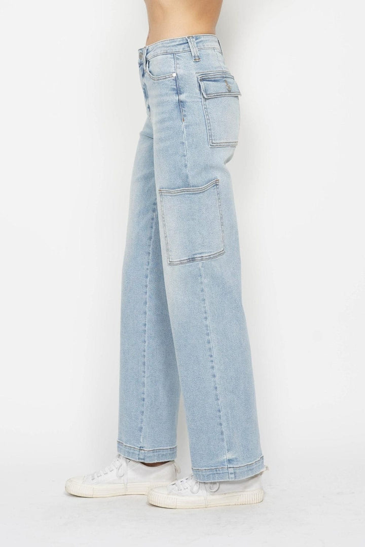 High - Waist Judy Blue Straight Cargo Jeans - Trendy Bottoms/Jeans in Light Denim for Women | The802Gypsy