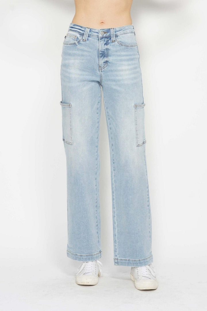 High - Waist Judy Blue Straight Cargo Jeans - Trendy Bottoms/Jeans in Light Denim for Women | The802Gypsy