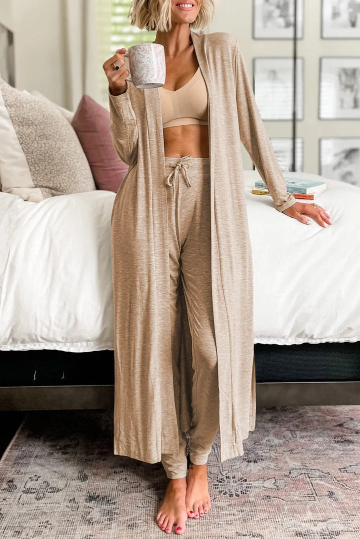 Long Sleeve Cardigan and Pants Lounge Set - Trendy Loungewear & Sleepwear/Loungewear in Tan for Women | The802Gypsy