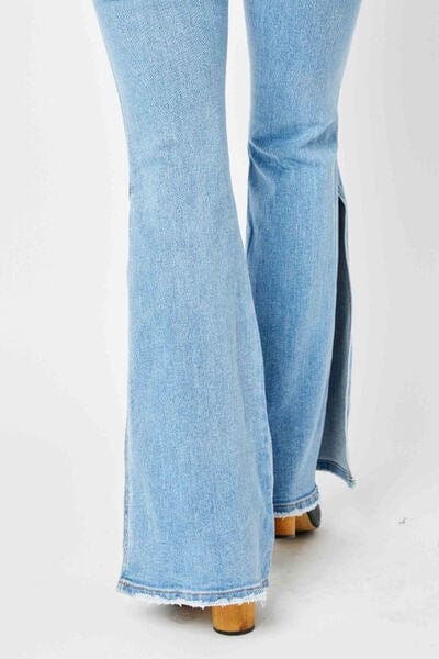 Judy Blue Mid Rise Slit Flare Jeans - Trendy Bottoms/Jeans in Medium Denim for Women | The802Gypsy