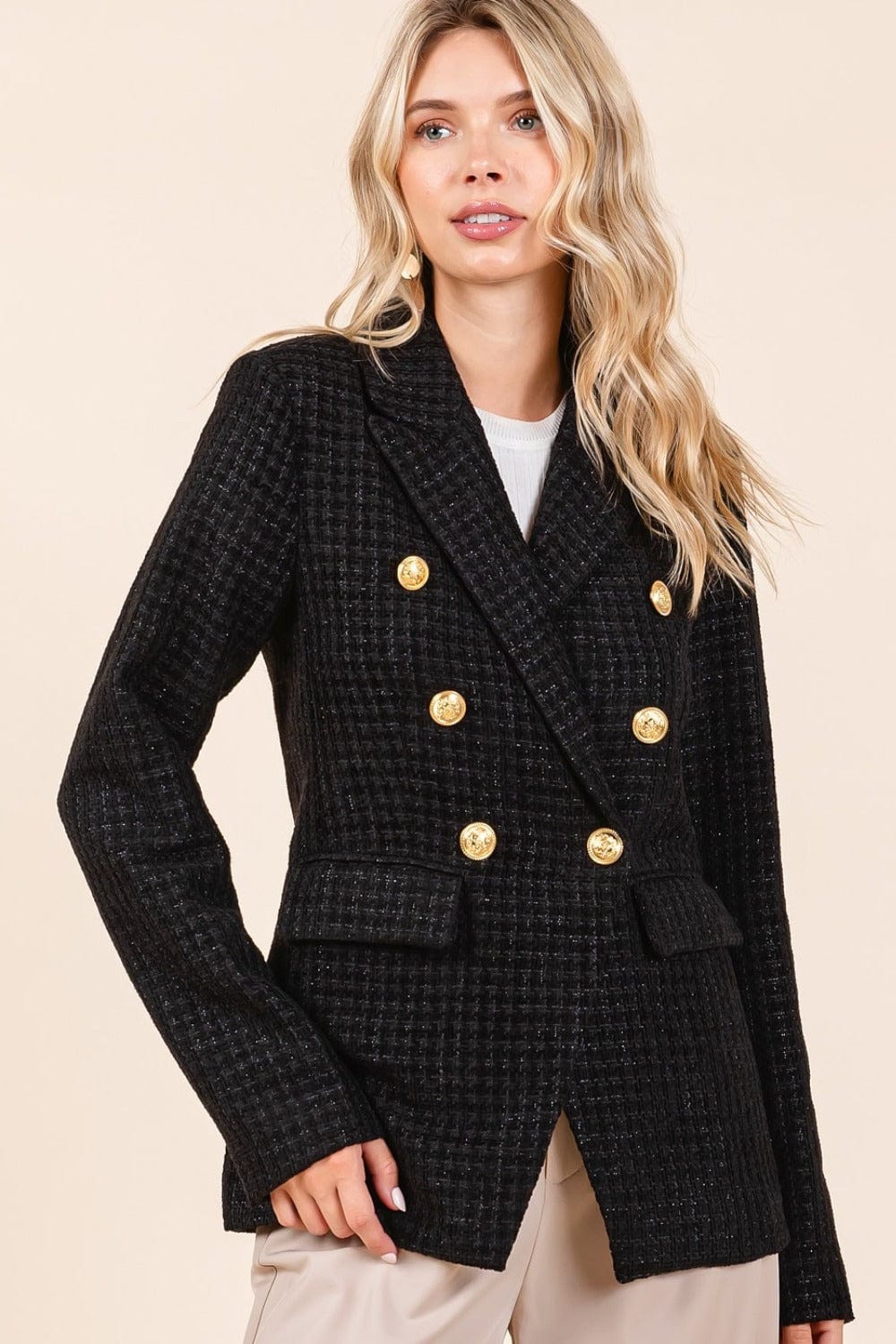 Plaid Texture Double - Breasted Blazer - Trendy coats and jackets/blazer in Black for Women | The802Gypsy
