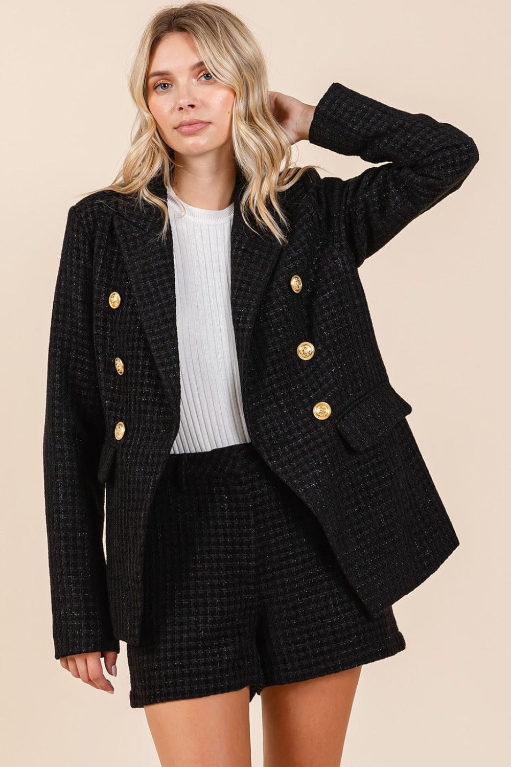 Plaid Texture Double - Breasted Blazer - Trendy coats and jackets/blazer in Black for Women | The802Gypsy