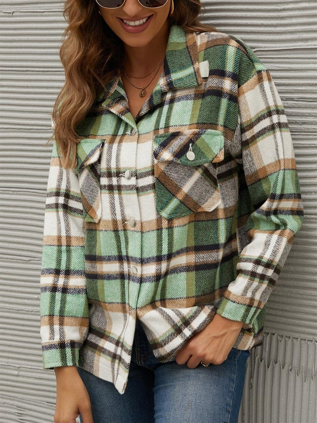 Plaid Long Sleeve Jacket with Collared Neck - Trendy Outerwear/Jackets in Green for Women | The802Gypsy