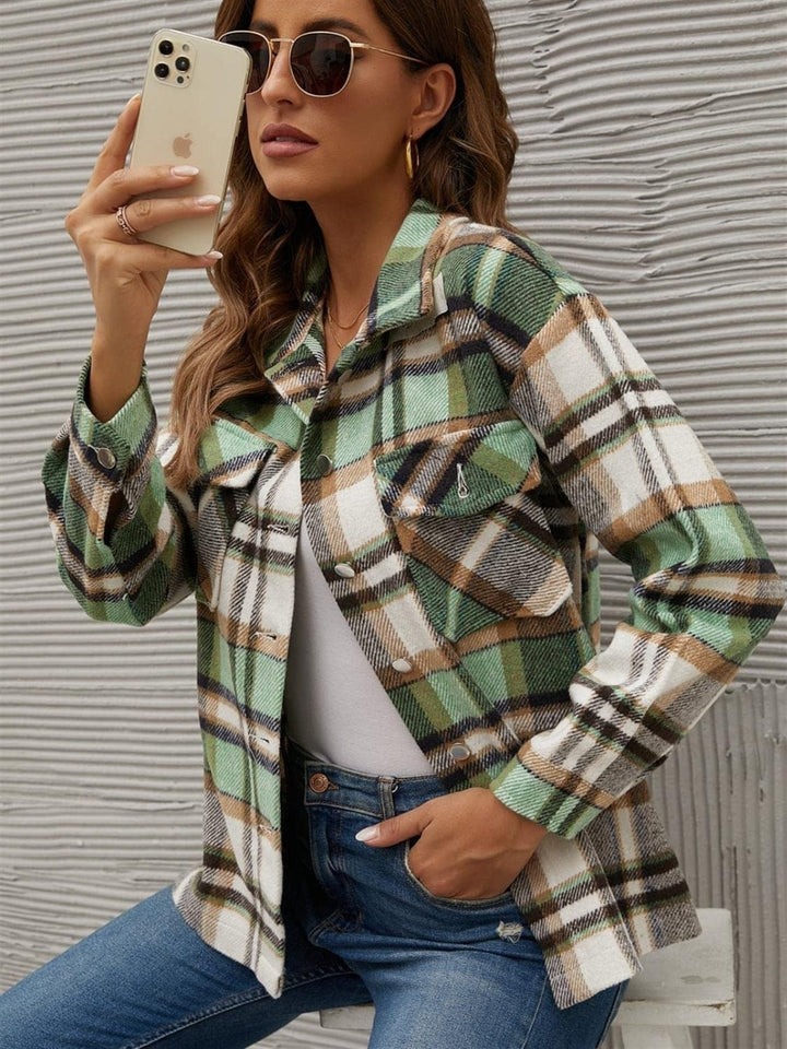 Plaid Long Sleeve Jacket with Collared Neck - Trendy Outerwear/Jackets in Green for Women | The802Gypsy