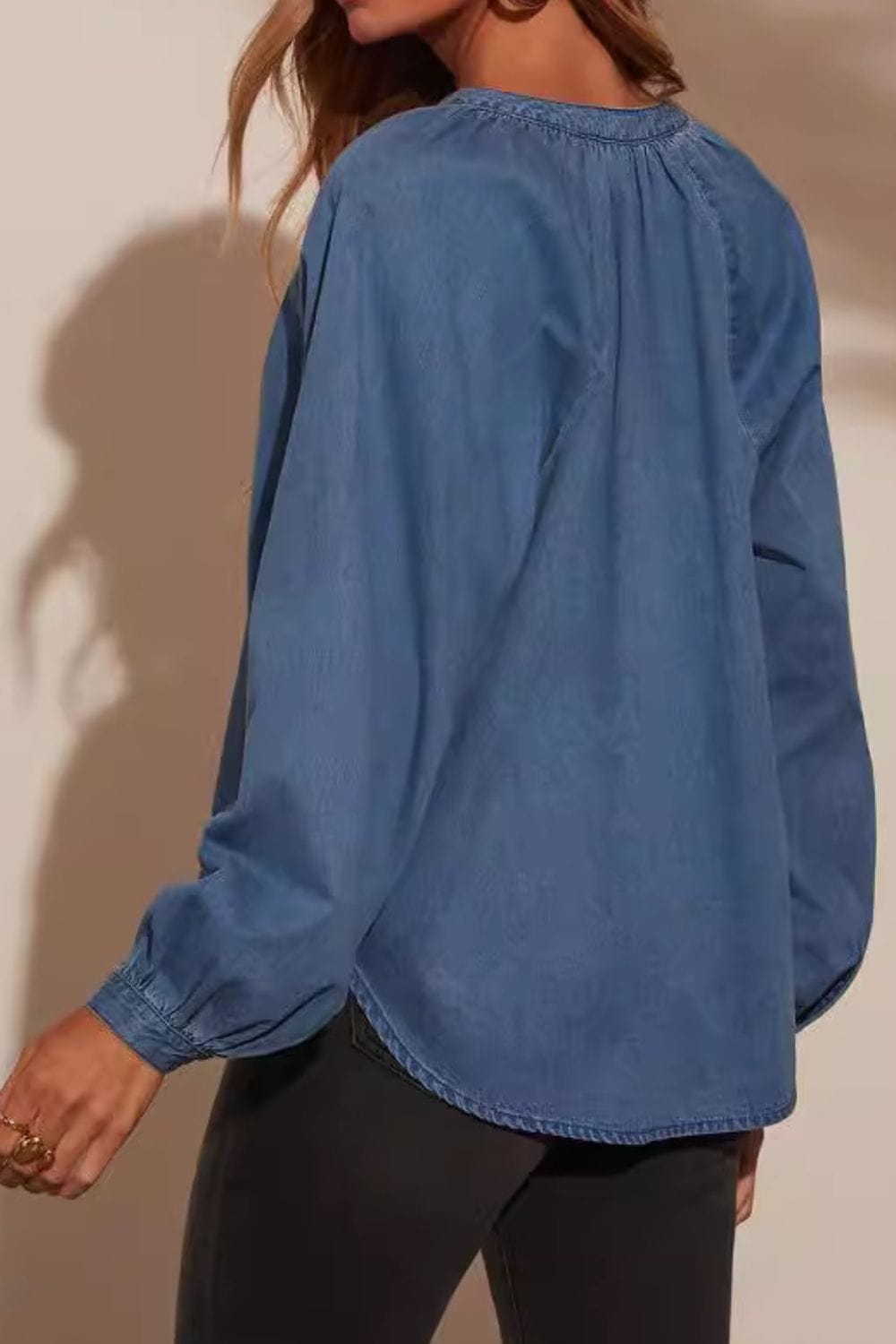 Plunge Long Sleeve Denim Blouse - Trendy Tops/Blouses & Shirts in Medium Denim for Women | The802Gypsy