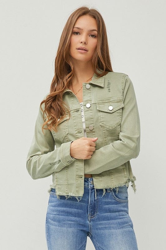 Raw Hem Cropped Risen Denim Jacket - Trendy coats and jackets/Denim Jacket in Sage for Women | The802Gypsy