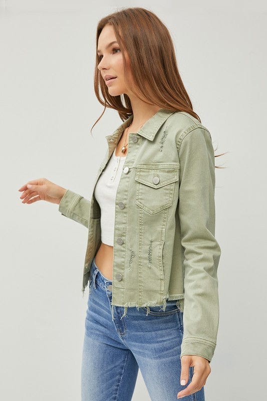 Raw Hem Cropped Risen Denim Jacket - Trendy coats and jackets/Denim Jacket in Sage for Women | The802Gypsy
