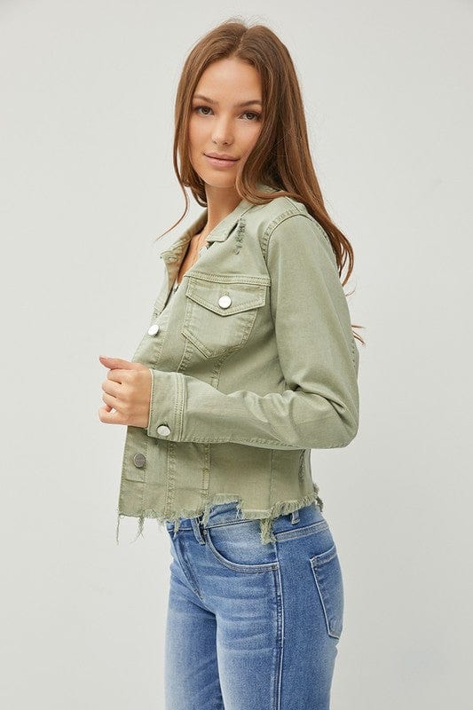 Raw Hem Cropped Risen Denim Jacket - Trendy coats and jackets/Denim Jacket in Sage for Women | The802Gypsy
