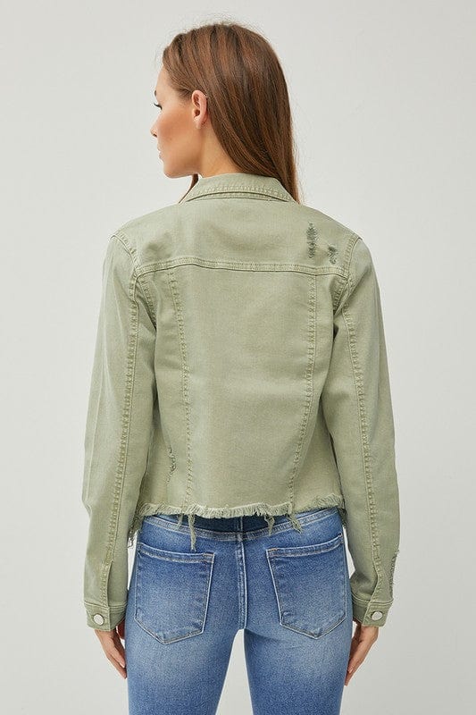 Raw Hem Cropped Risen Denim Jacket - Trendy coats and jackets/Denim Jacket in Sage for Women | The802Gypsy