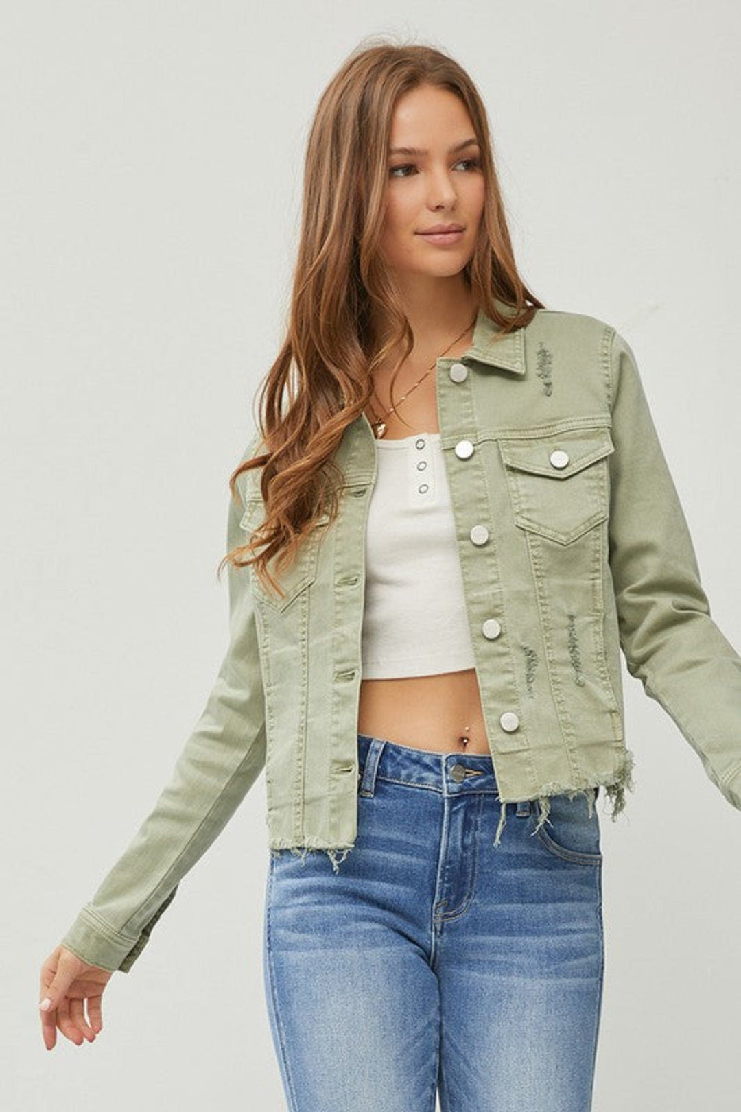 Raw Hem Cropped Risen Denim Jacket - Trendy coats and jackets/Denim Jacket in Sage for Women | The802Gypsy