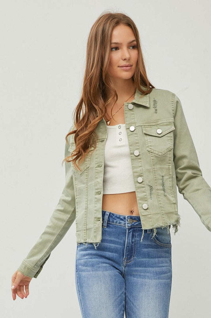 Raw Hem Cropped Risen Denim Jacket - Trendy coats and jackets/Denim Jacket in Sage for Women | The802Gypsy