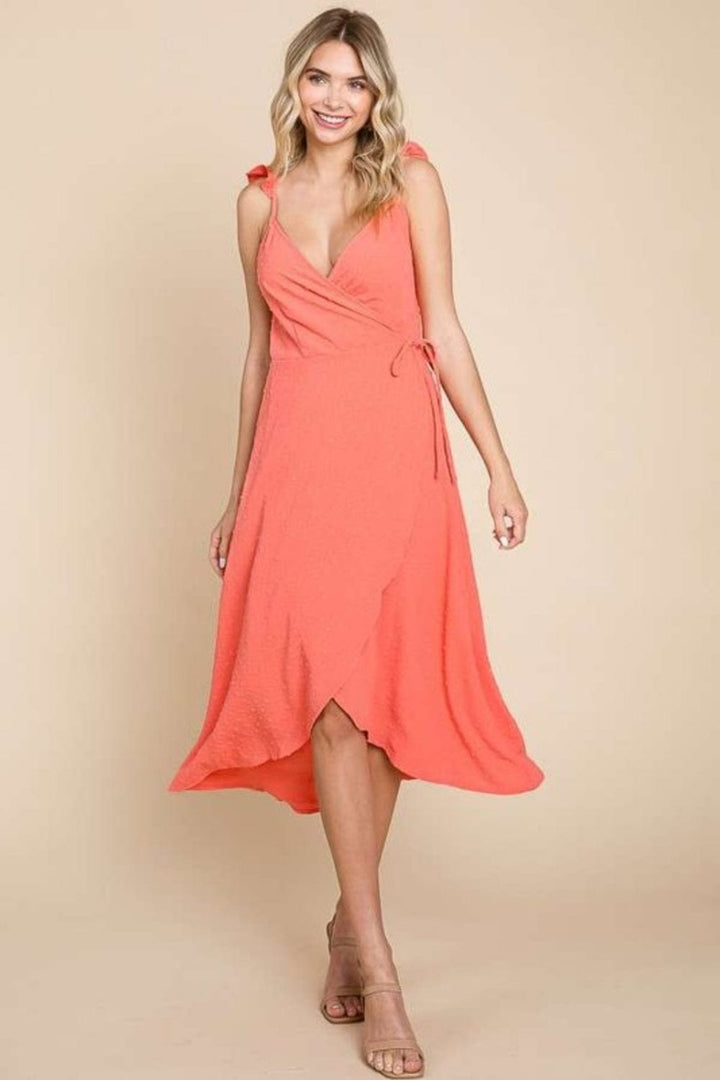 Ruffle Wrap Slip Dress - Trendy DRESSES/MIDI DRESS in Coral for Women | The802Gypsy