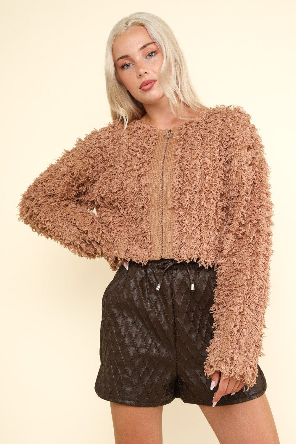 Shaggy Yarn Knit Zip Up Jacket - Trendy Outerwear/Coats in Mocha Brown for Women | The802Gypsy