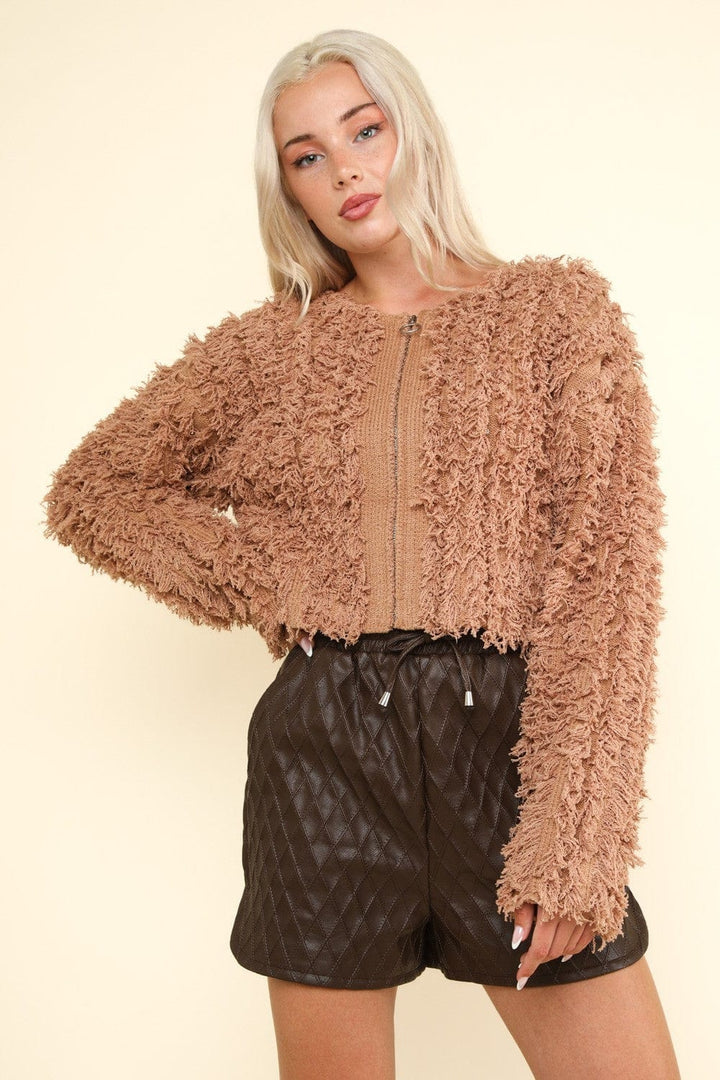 Shaggy Yarn Knit Zip Up Jacket - Trendy Outerwear/Coats in Mocha Brown for Women | The802Gypsy