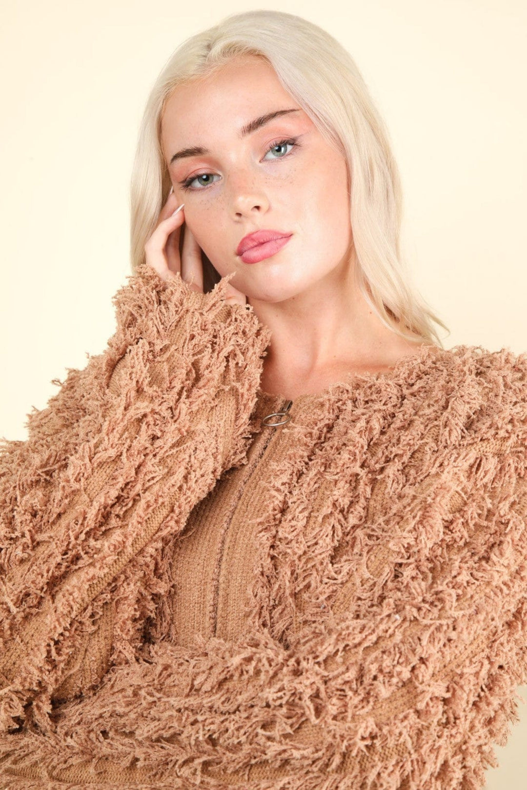 Shaggy Yarn Knit Zip Up Jacket - Trendy Outerwear/Coats in Mocha Brown for Women | The802Gypsy