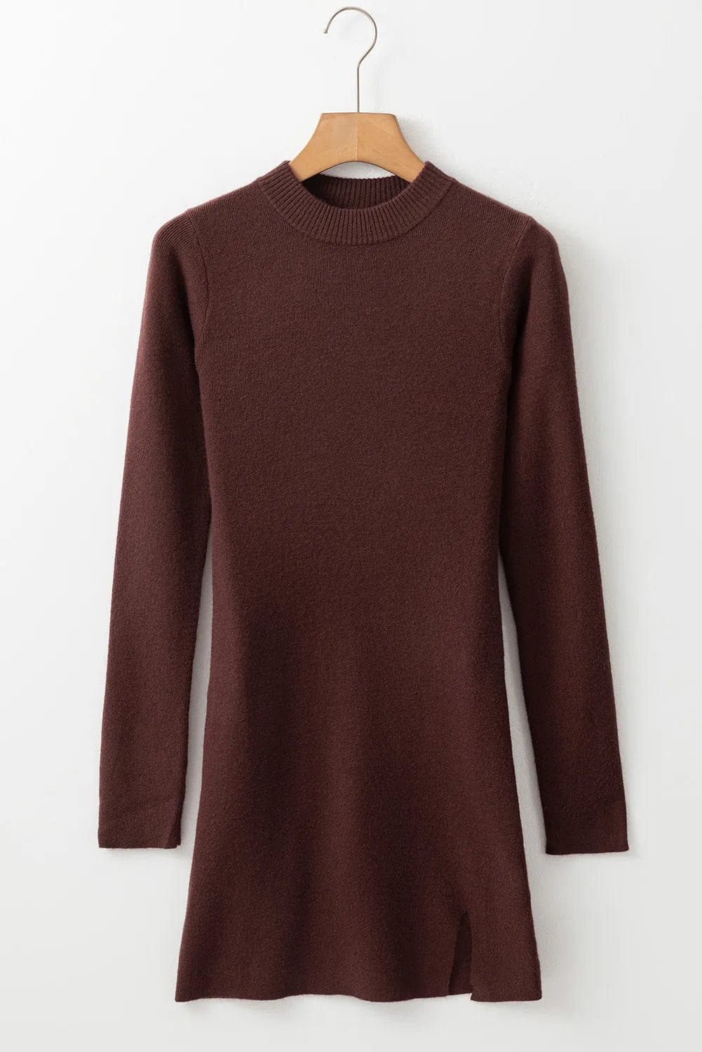 Slit Mock Neck Wrap Sweater Dress - Trendy Dresses/Sweater Dress in Chocolate Brown for Women | The802Gypsy