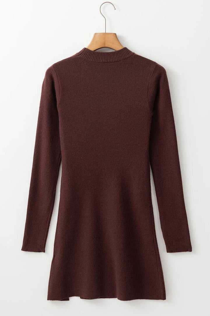 Slit Mock Neck Wrap Sweater Dress - Trendy Dresses/Sweater Dress in Chocolate Brown for Women | The802Gypsy
