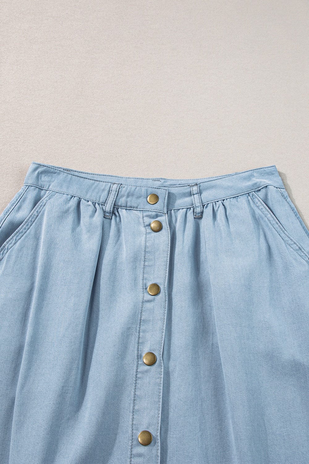 Snap Down High Waist Denim Skirt - Trendy Bottoms/Skirts in Light Denim for Women | The802Gypsy
