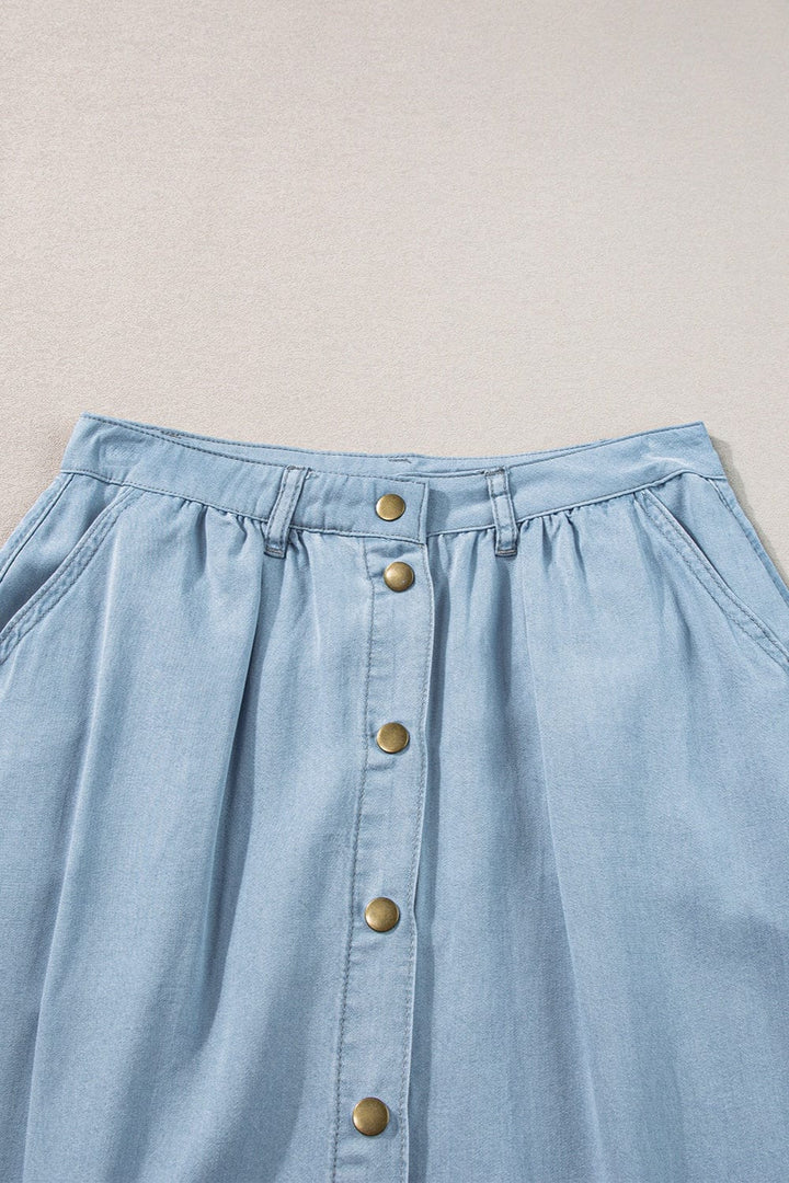 Snap Down High Waist Denim Skirt - Trendy Bottoms/Skirts in Light Denim for Women | The802Gypsy
