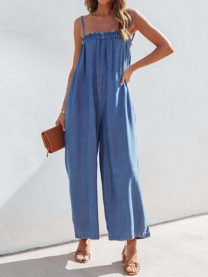 Spaghetti Strap Wide Leg Denim Jumpsuit - Trendy One - Piece/Jumpsuit in Medium Denim for Women | The802Gypsy