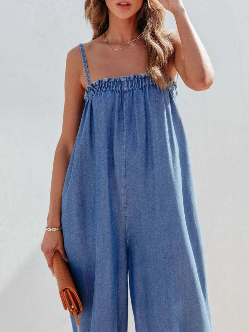 Spaghetti Strap Wide Leg Denim Jumpsuit - Trendy One - Piece/Jumpsuit in Medium Denim for Women | The802Gypsy