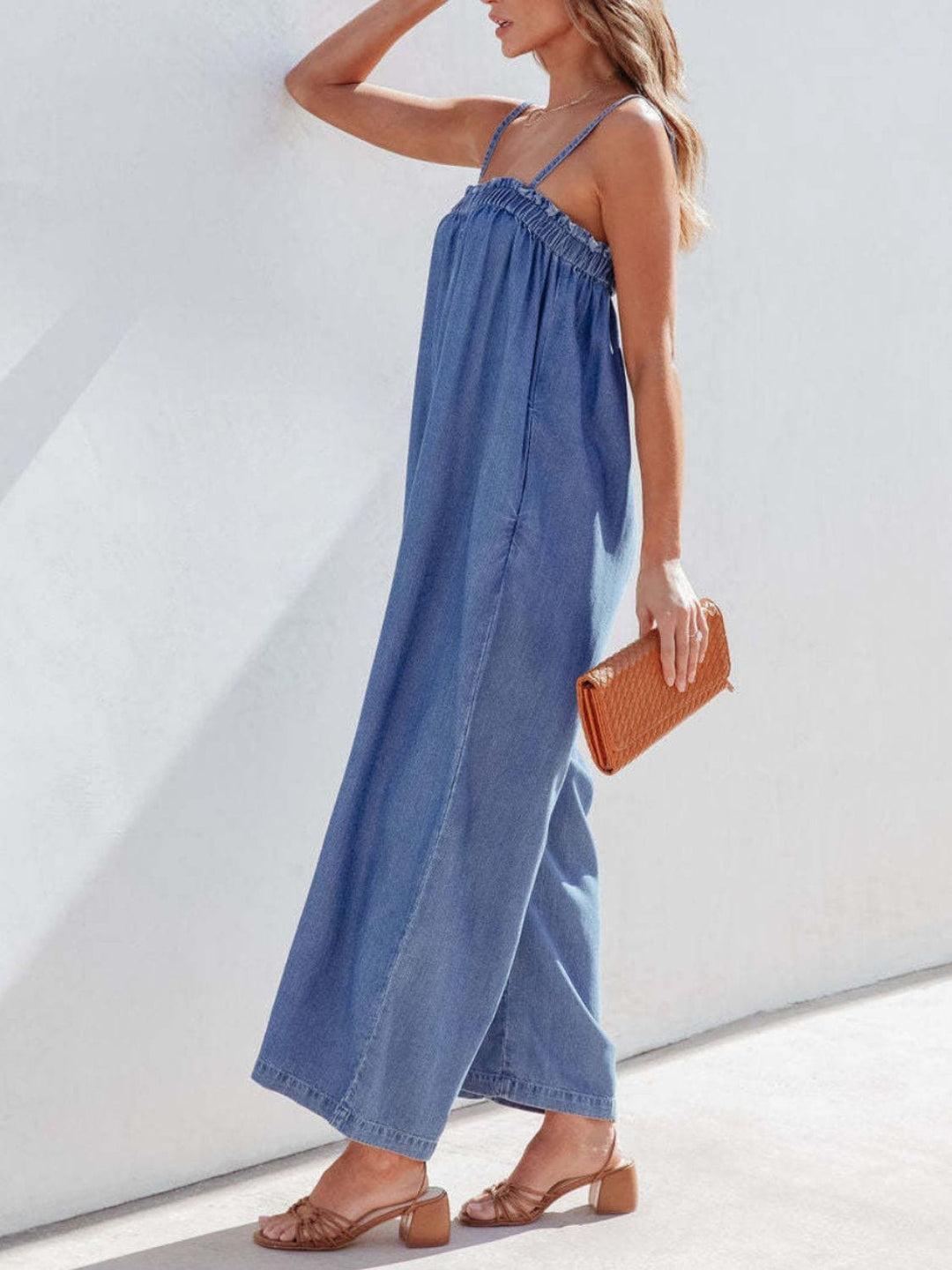 Spaghetti Strap Wide Leg Denim Jumpsuit - Trendy One - Piece/Jumpsuit in Medium Denim for Women | The802Gypsy