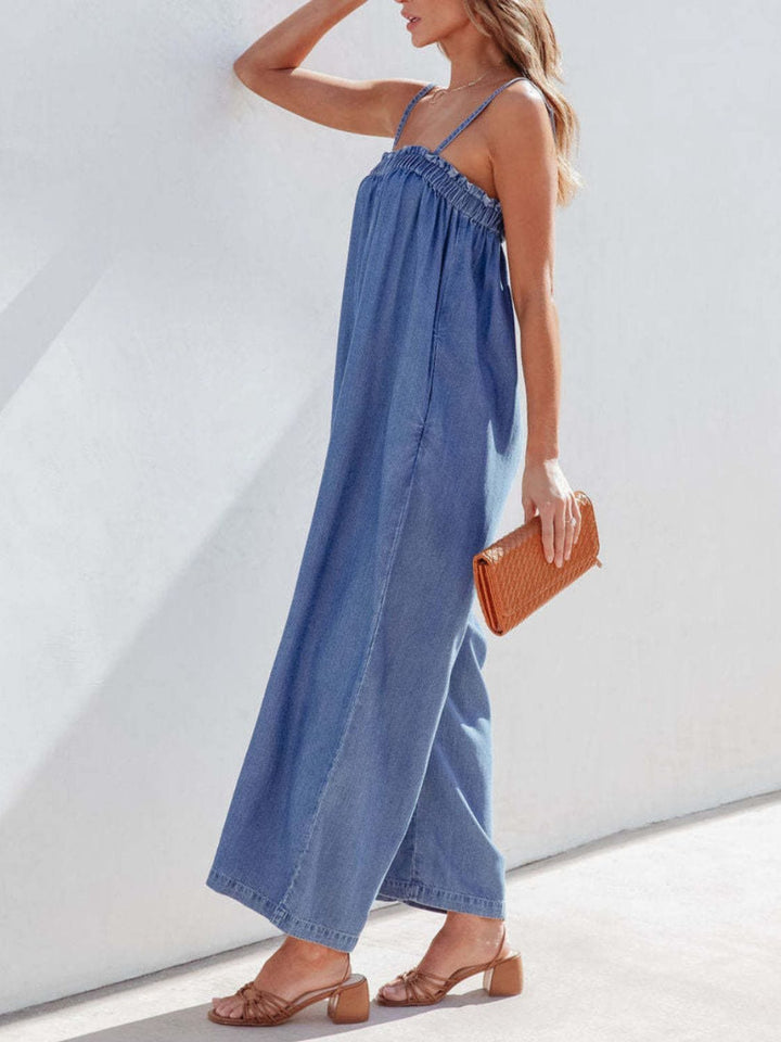 Spaghetti Strap Wide Leg Denim Jumpsuit - Trendy One - Piece/Jumpsuit in Medium Denim for Women | The802Gypsy