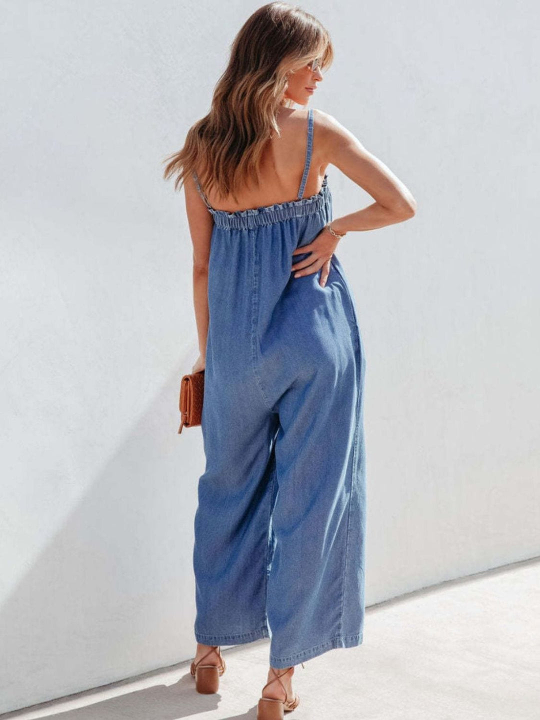Spaghetti Strap Wide Leg Denim Jumpsuit - Trendy One - Piece/Jumpsuit in Medium Denim for Women | The802Gypsy