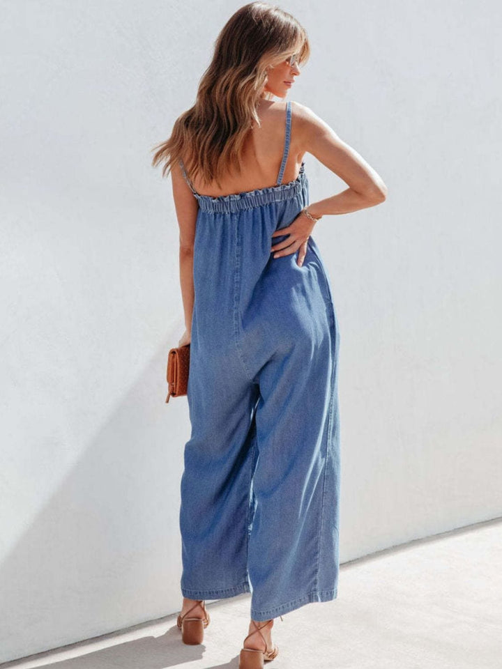 Spaghetti Strap Wide Leg Denim Jumpsuit - Trendy One - Piece/Jumpsuit in Medium Denim for Women | The802Gypsy