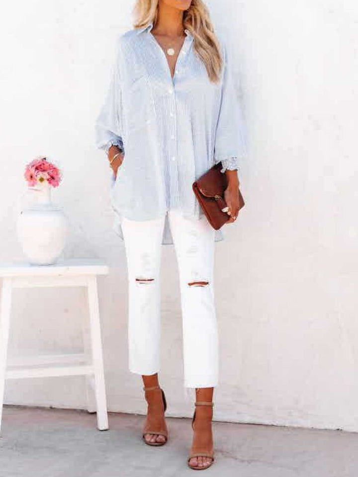Striped Collared Neck Blouse - Trendy shirts and tops in Light Blue for Women | The802Gypsy