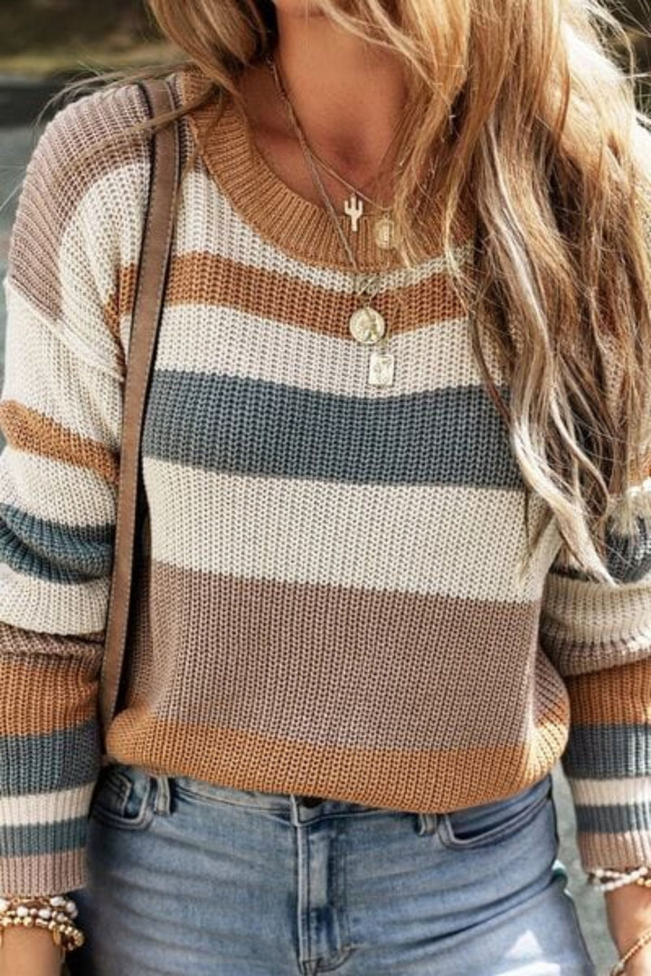 Striped Round Neck Dropped Shoulder Sweater - Trendy shirts and tops in Mocha for Women | The802Gypsy