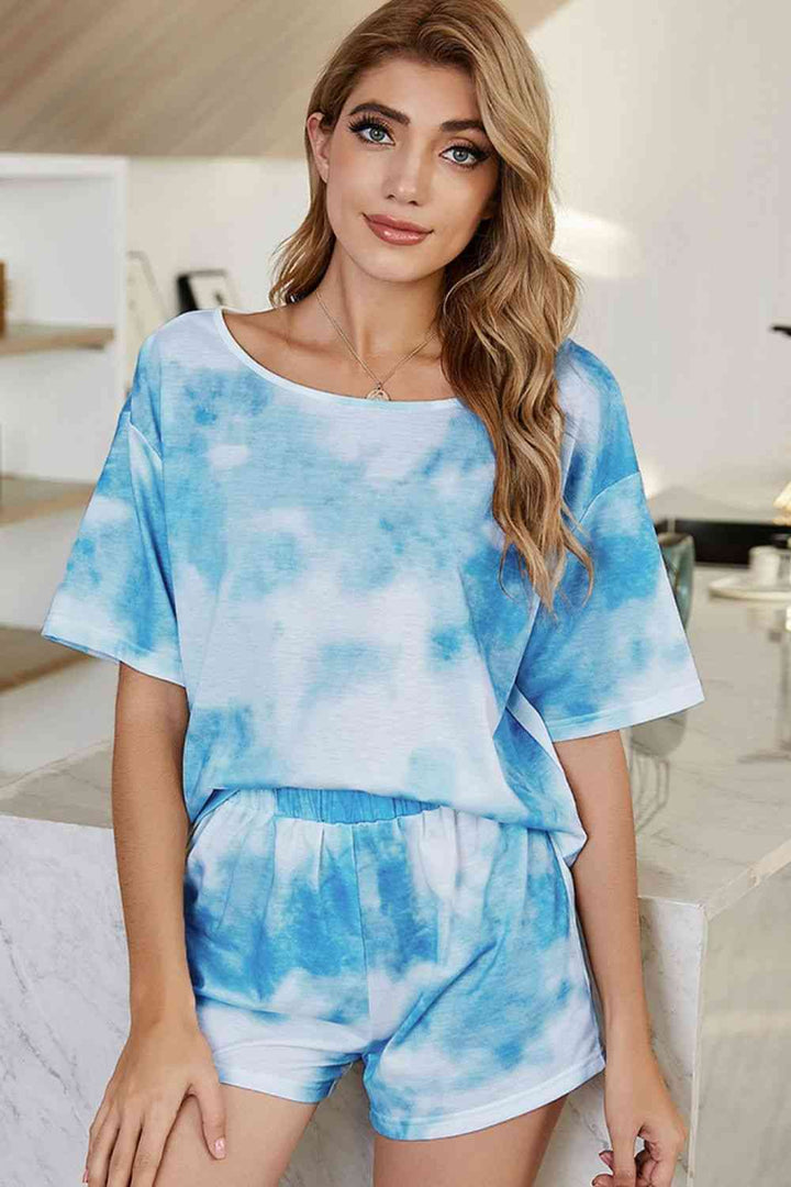 Tie - Dye Top & Shorts Lounge Set - Trendy Two Piece Sets/Short Sets in Light Blue for Women | The802Gypsy