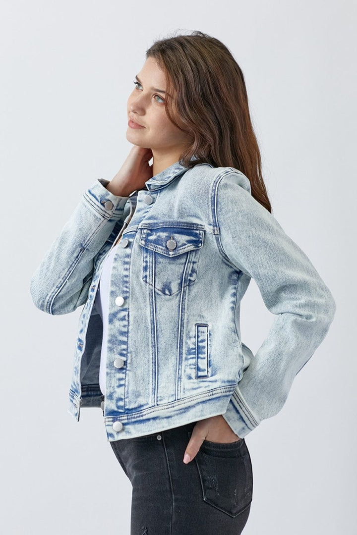 Risen Washed Denim Jacket with Button - Up Front - Trendy Outerwear/Denim jackets in LIGHT DENIM for Women | The802Gypsy