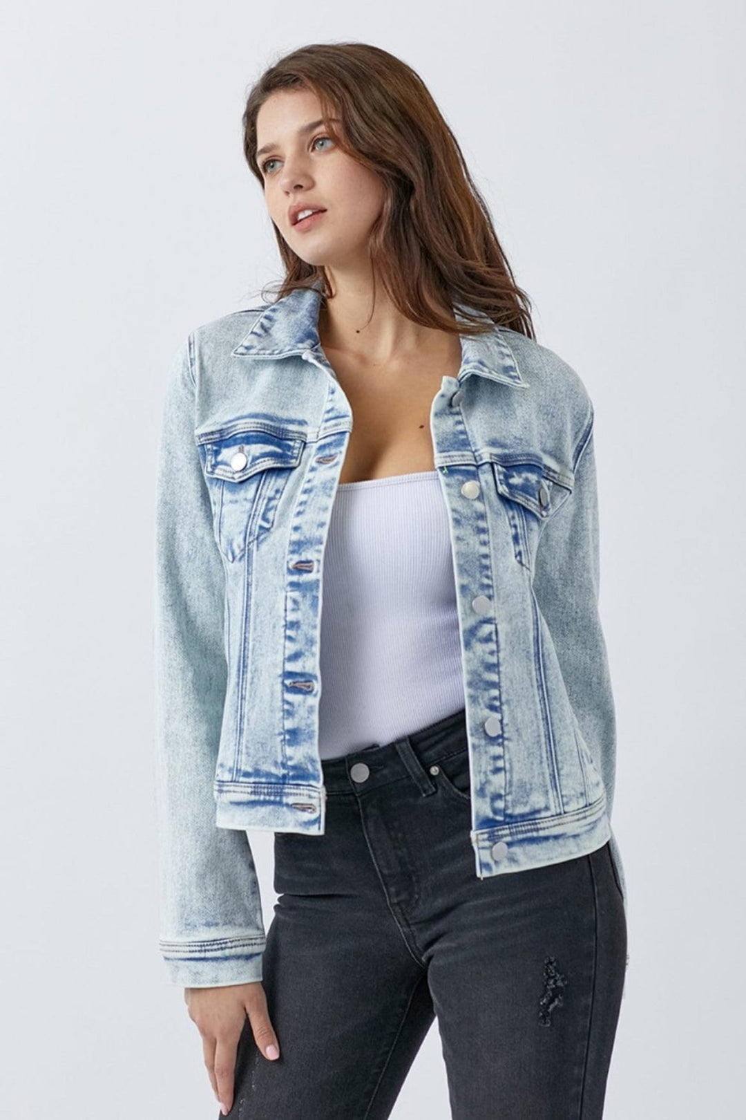 Risen Washed Denim Jacket with Button - Up Front - Trendy Outerwear/Denim jackets in LIGHT DENIM for Women | The802Gypsy