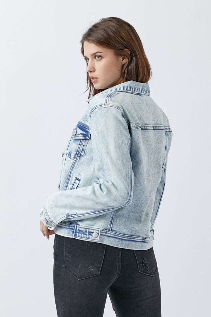Risen Washed Denim Jacket with Button - Up Front - Trendy Outerwear/Denim jackets in LIGHT DENIM for Women | The802Gypsy