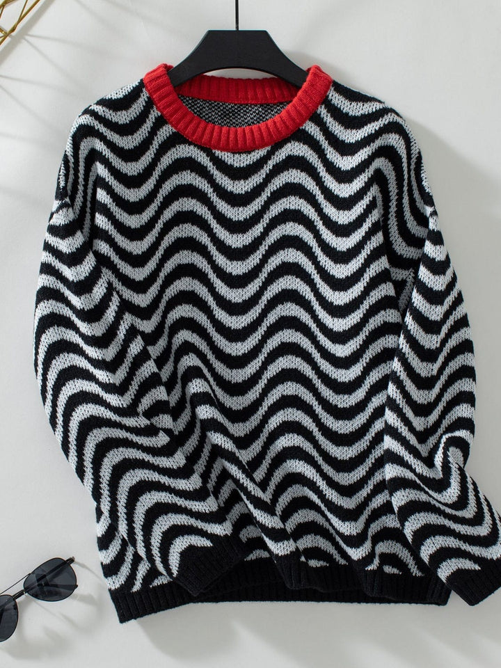 Wavy Stripes Round Neck Sweater - Trendy Sweaters & Cardigans/Sweater in Black for Women | The802Gypsy