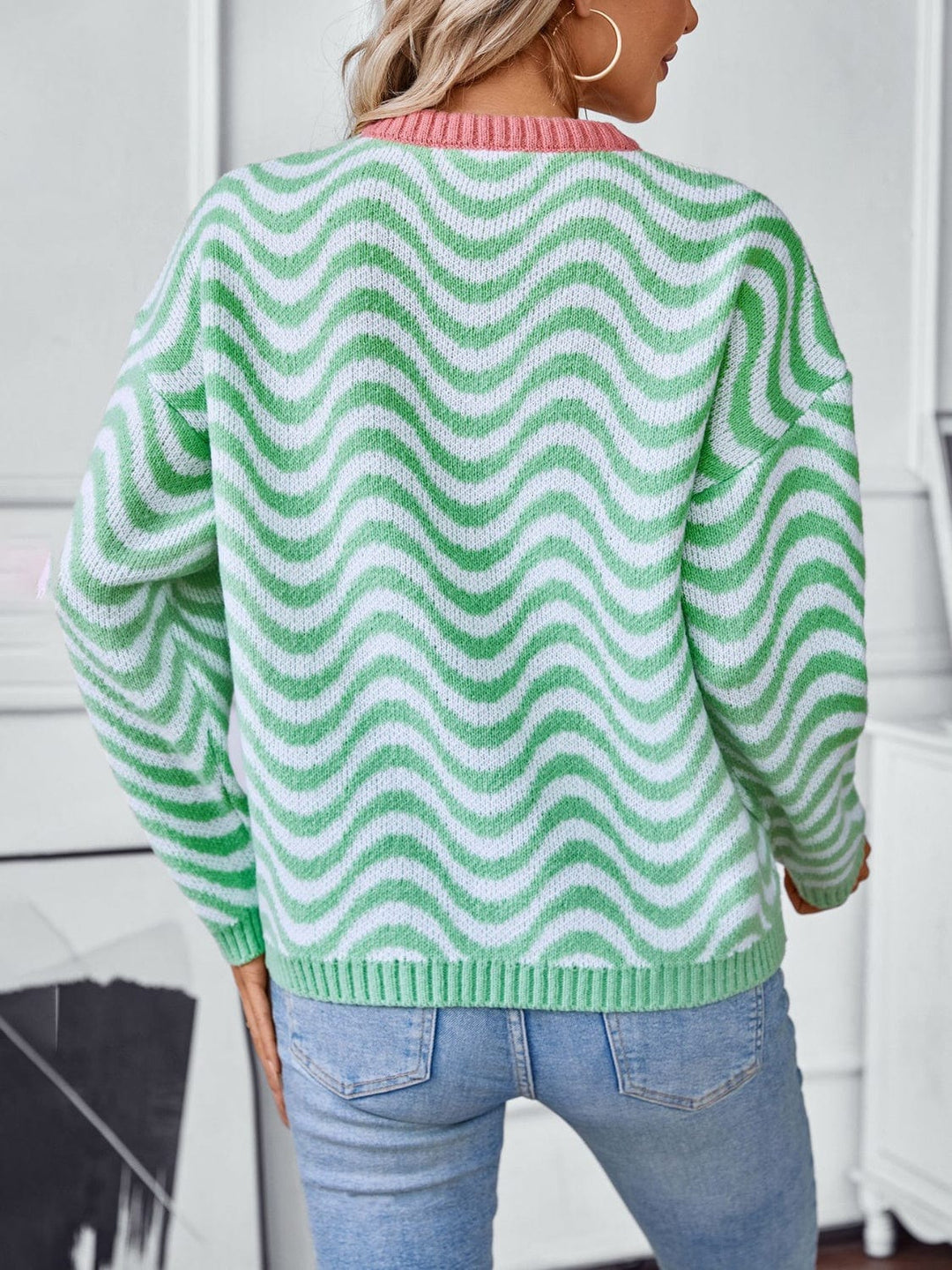 Wavy Stripes Round Neck Sweater - Trendy Sweaters & Cardigans/Sweater in Gum Leaf Green for Women | The802Gypsy