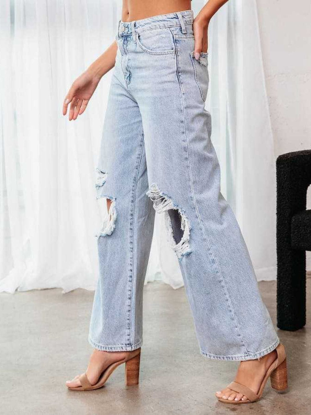 Wide Leg Distressed Jeans - Trendy Bottoms/Jeans in Light Denim for Women | The802Gypsy
