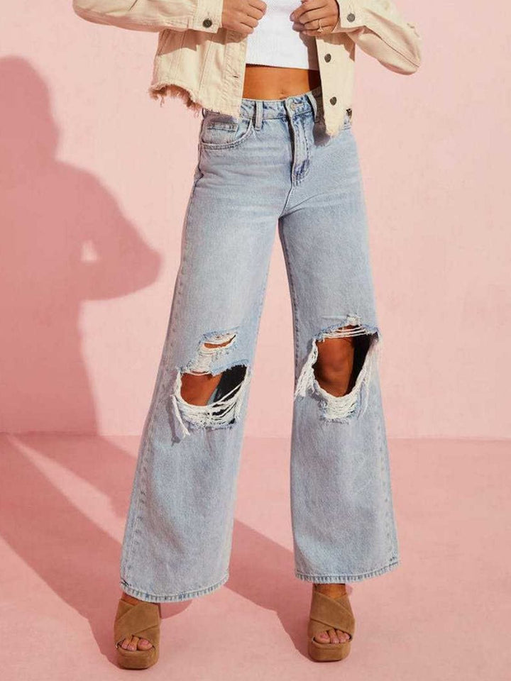 Wide Leg Distressed Jeans - Trendy Bottoms/Jeans in Light Denim for Women | The802Gypsy