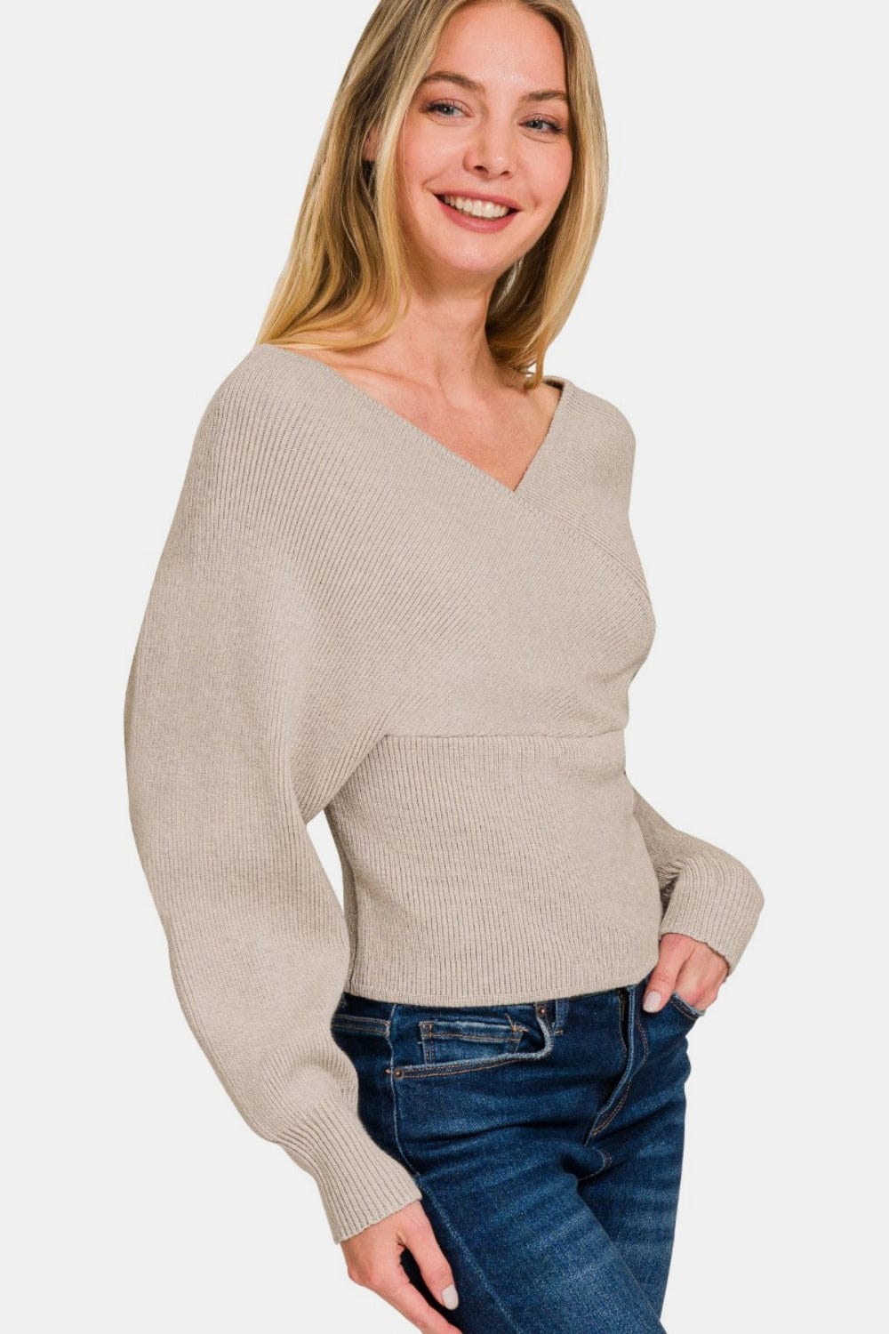 Cross Wrap Rib Long Sleeve Sweater - Trendy Sweaters & Cardigans/Sweater in beige for Women | The802Gypsy