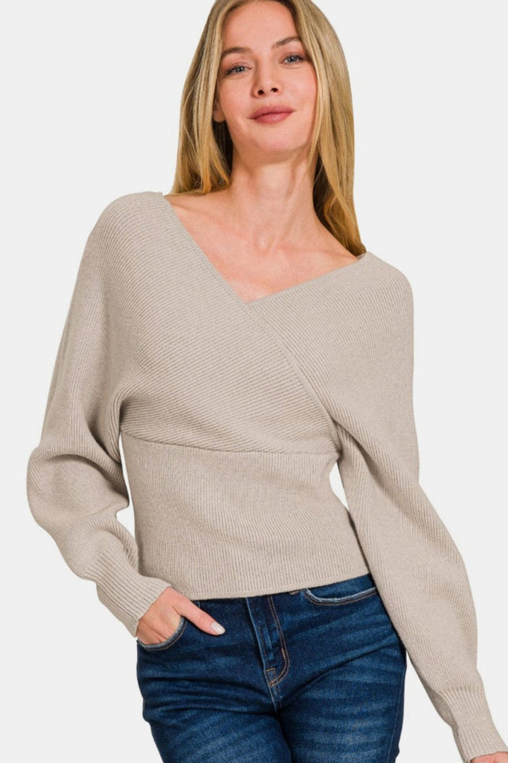 Cross Wrap Rib Long Sleeve Sweater - Trendy Sweaters & Cardigans/Sweater in beige for Women | The802Gypsy