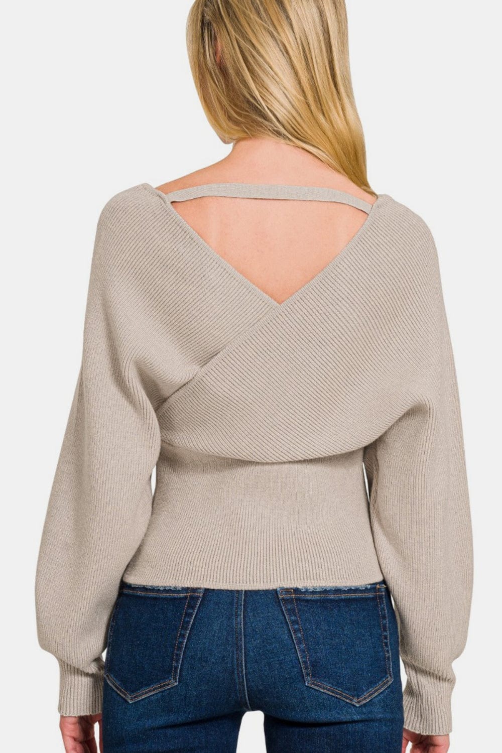 Cross Wrap Rib Long Sleeve Sweater - Trendy Sweaters & Cardigans/Sweater in beige for Women | The802Gypsy