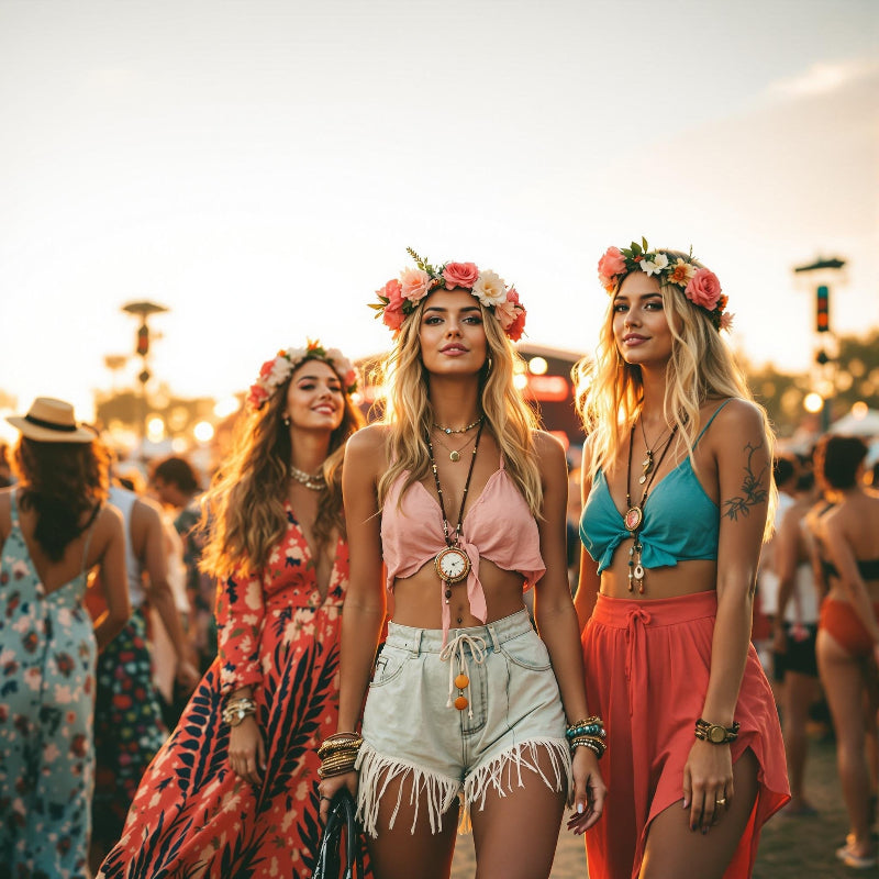 Three women in colorful festival outfits with flower crowns at outdoor music event