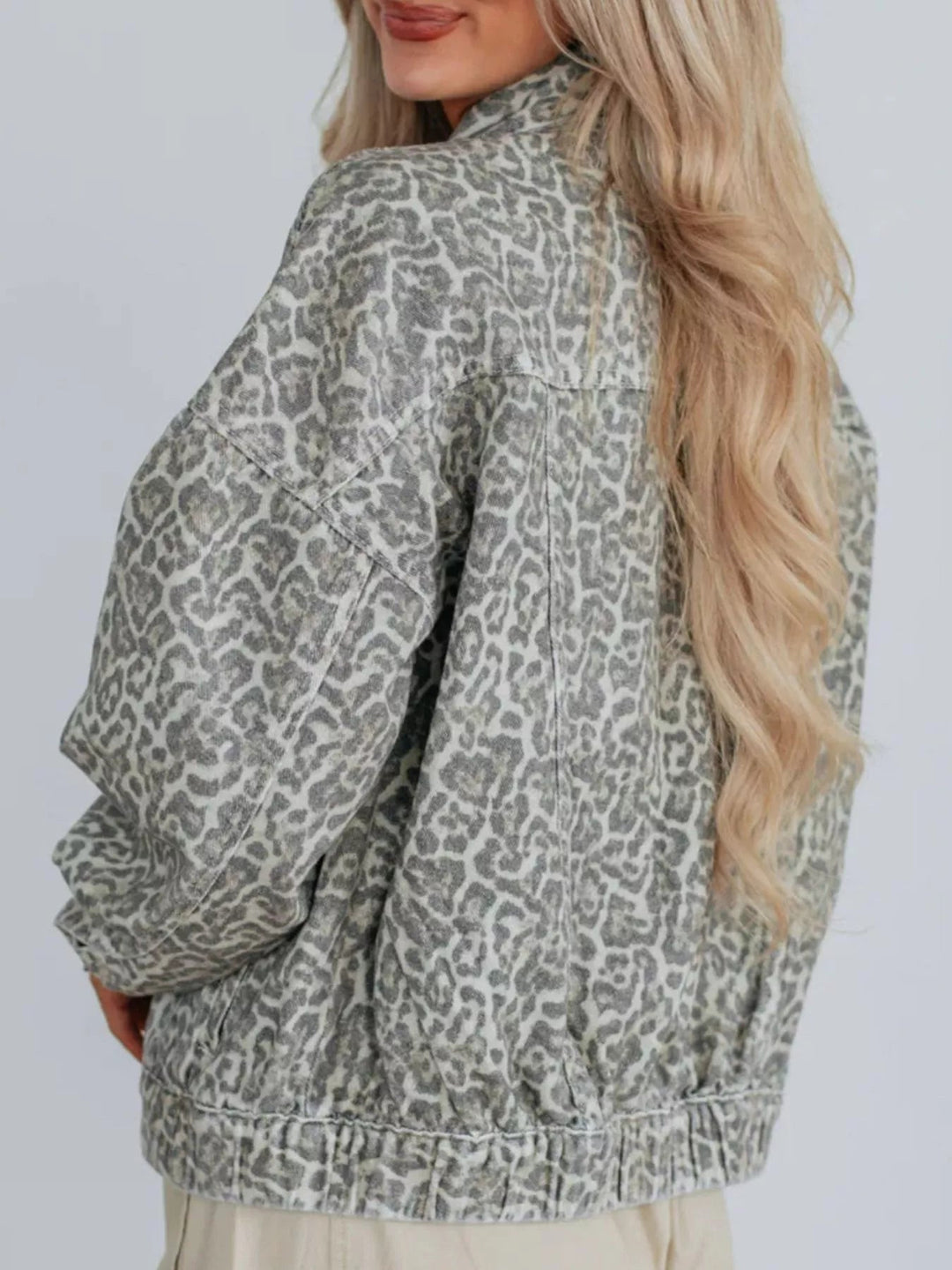 Leopard Button Up Denim Jacket - Trendy Outerwear/Denim jackets in Gray for Women | The802Gypsy