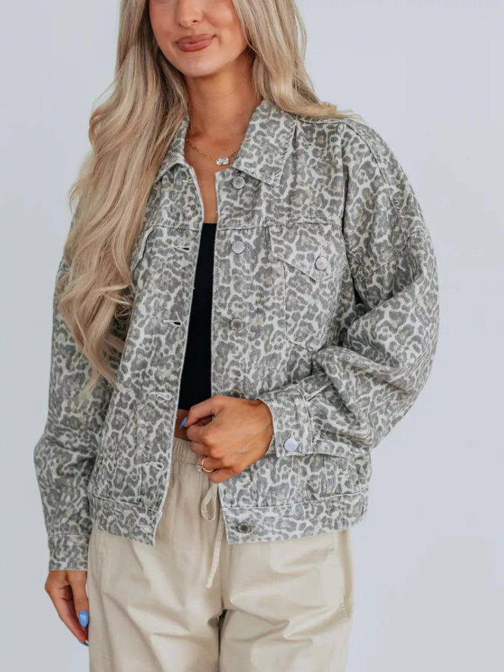 Leopard Button Up Denim Jacket - Trendy Outerwear/Denim jackets in Gray for Women | The802Gypsy