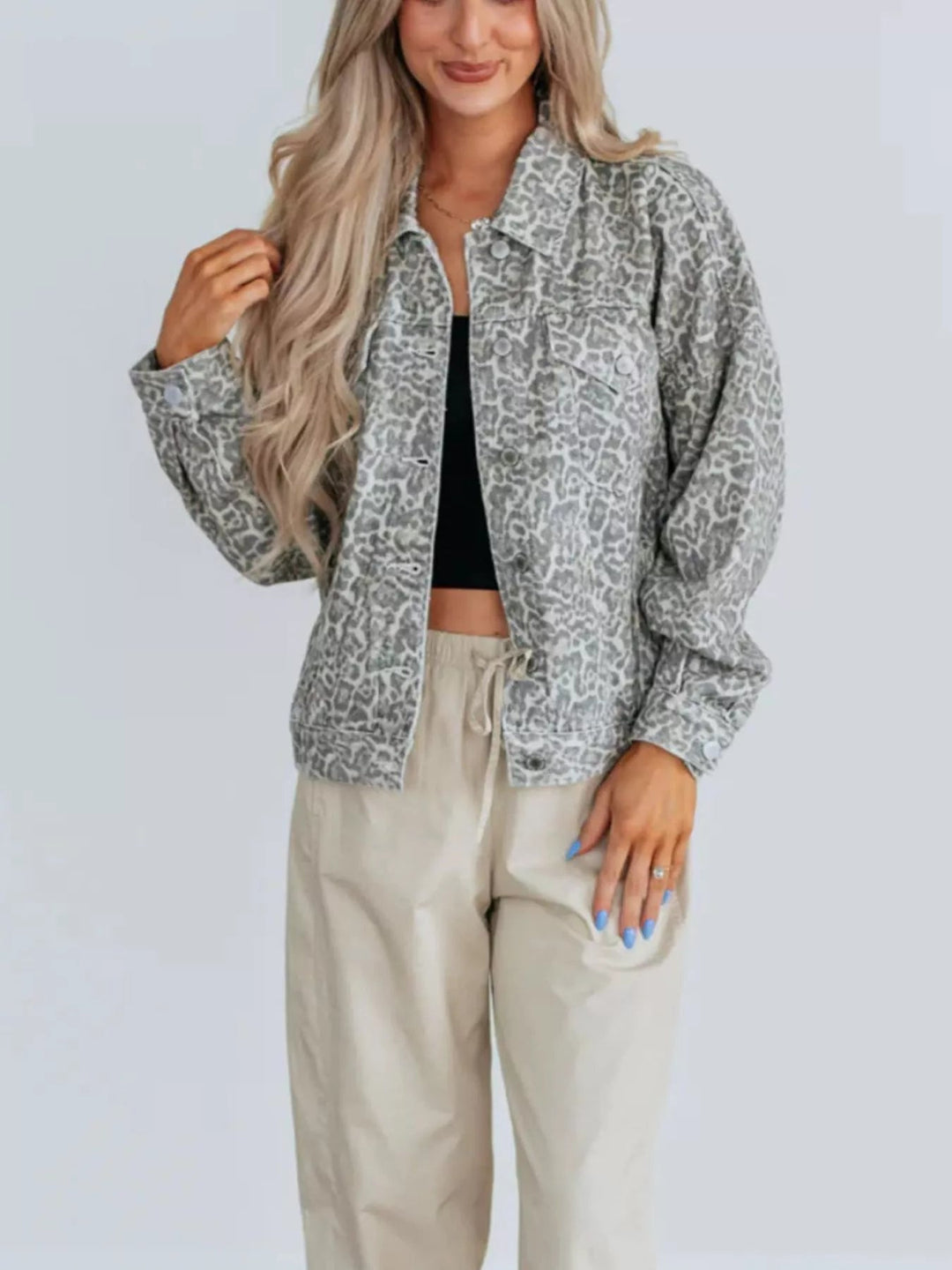 Leopard Button Up Denim Jacket - Trendy Outerwear/Denim jackets in Gray for Women | The802Gypsy