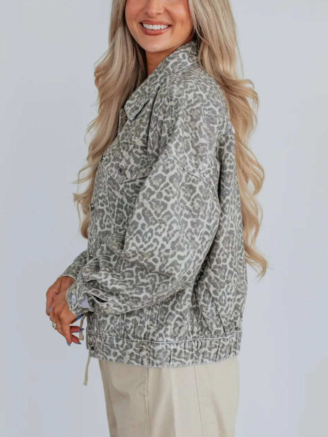 Leopard Button Up Denim Jacket - Trendy Outerwear/Denim jackets in Gray for Women | The802Gypsy
