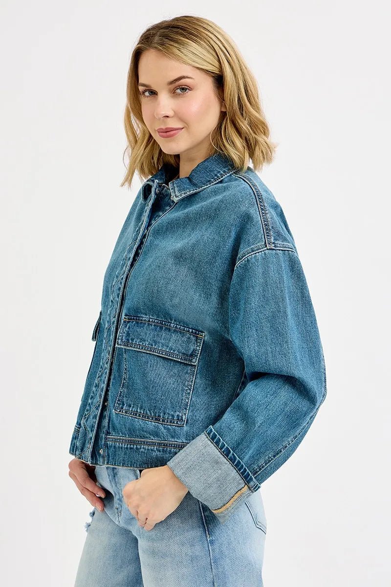 RISEN Oversized Cargo Denim Jacket - Trendy Outerwear/Denim jackets in Medium Denim for Women | The802Gypsy