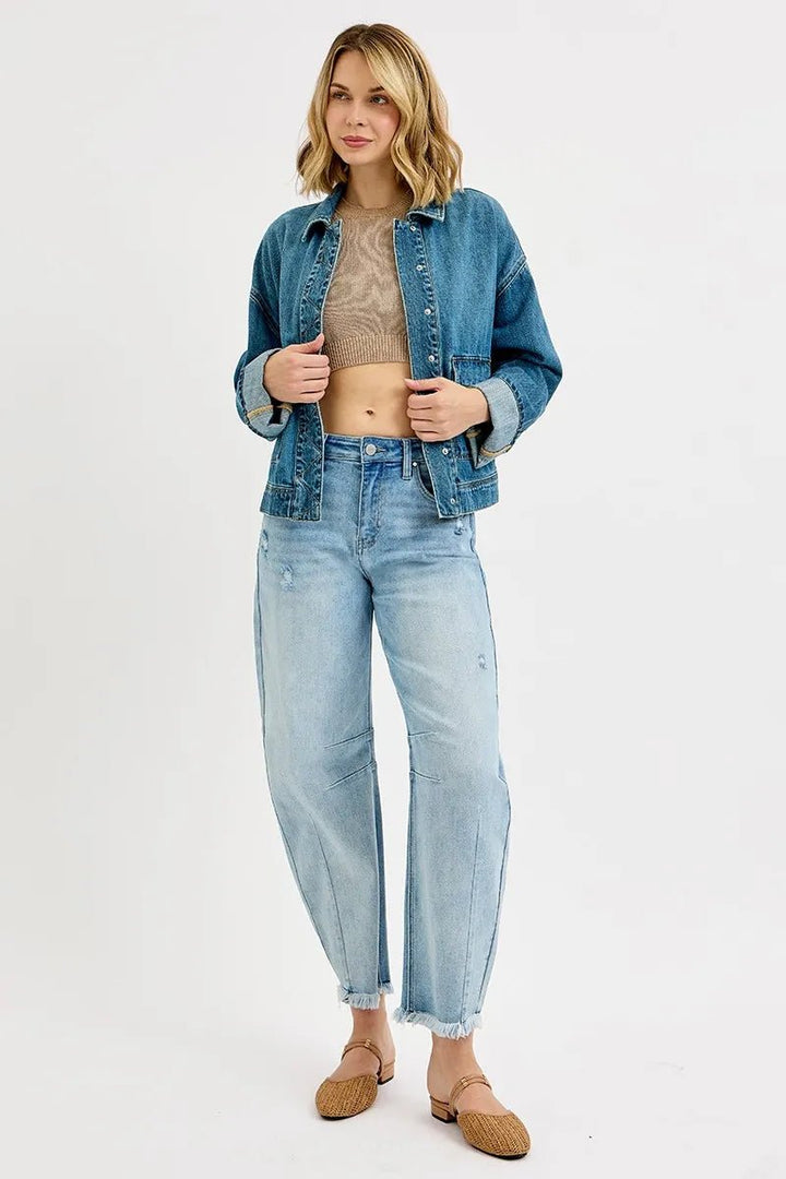 RISEN Oversized Cargo Denim Jacket - Trendy Outerwear/Denim jackets in Medium Denim for Women | The802Gypsy