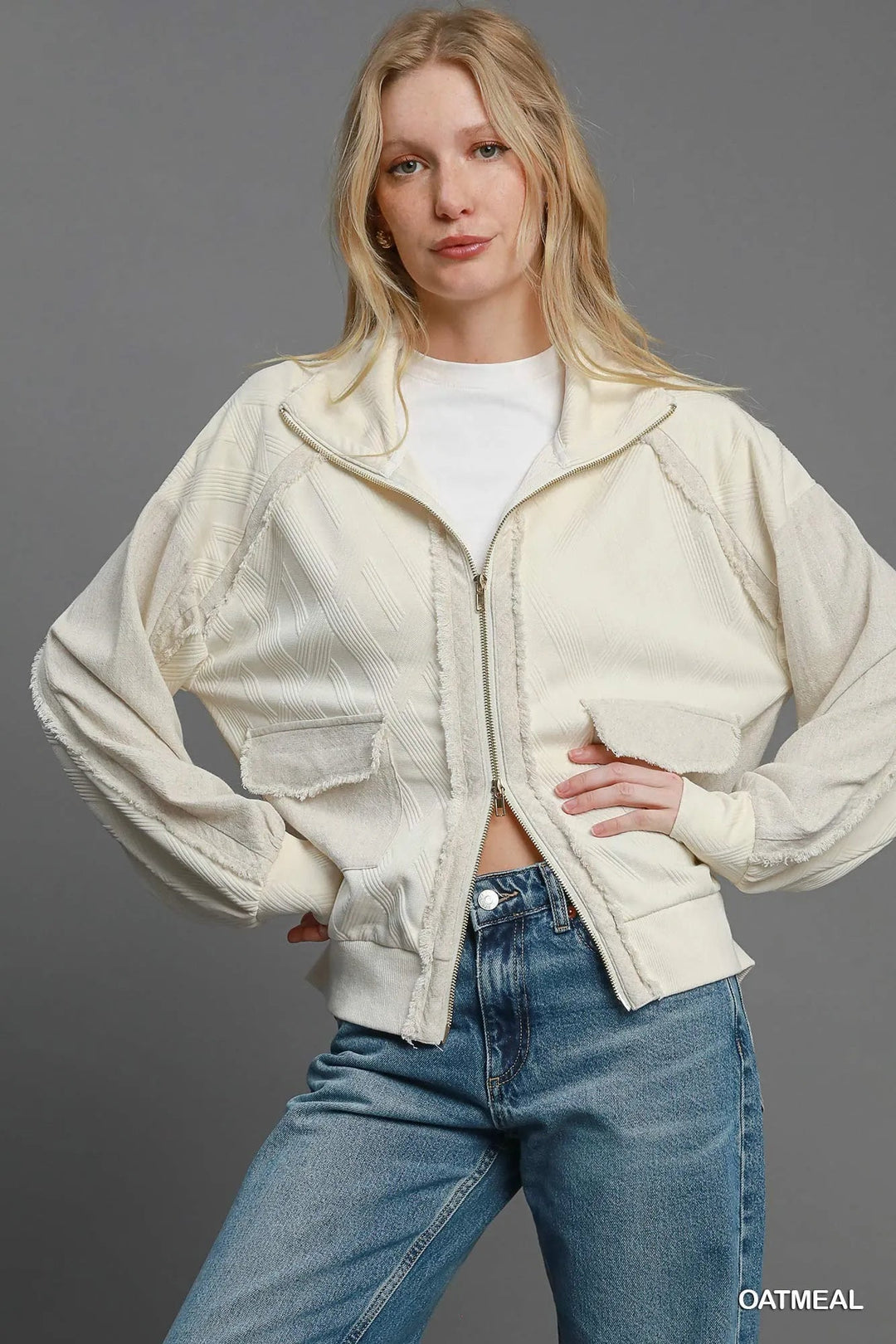 Umgee Two - Way Jacquard Zip - Up Jacket - Trendy Outerwear/Jackets in OATMEAL for Women | The802Gypsy